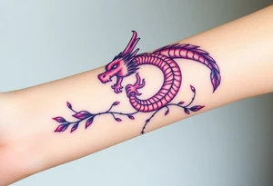 A bracelet wrapped around the arm dragon with purple and red tones, feathers and vines tattoo idea