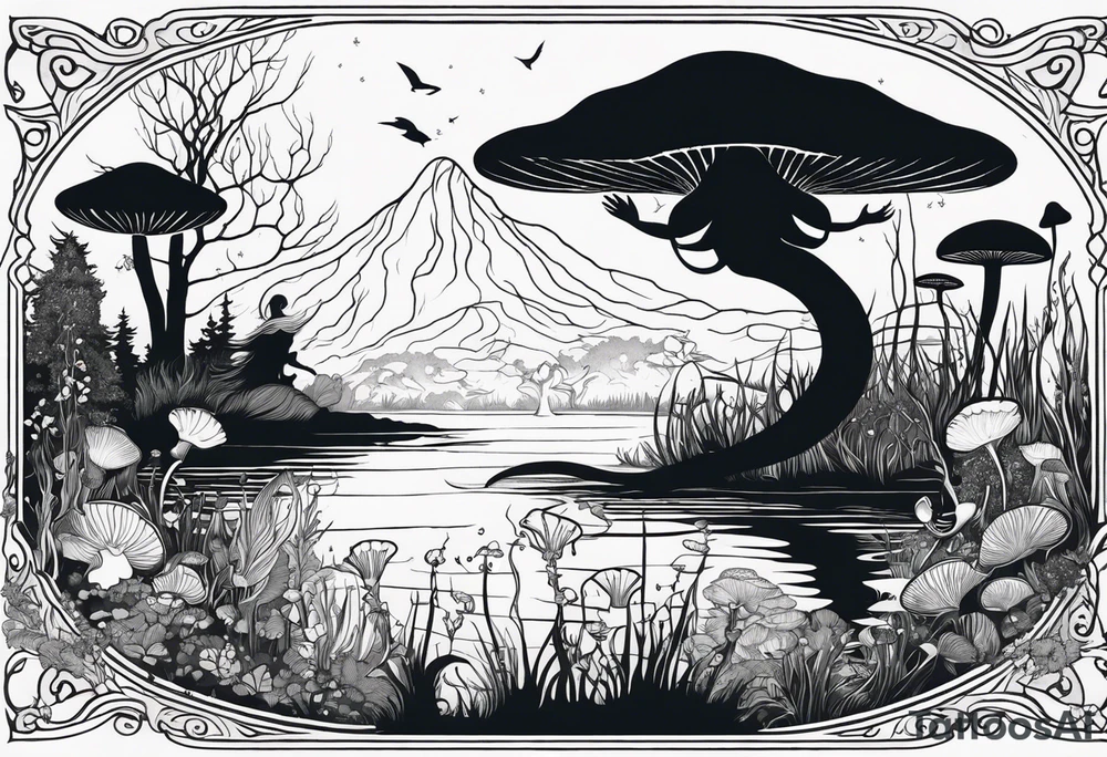 Mermaid silhouette in a swamp with cypress trees, mushrooms, and wild flowers. tattoo idea