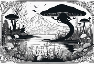 Mermaid silhouette in a swamp with cypress trees, mushrooms, and wild flowers. tattoo idea