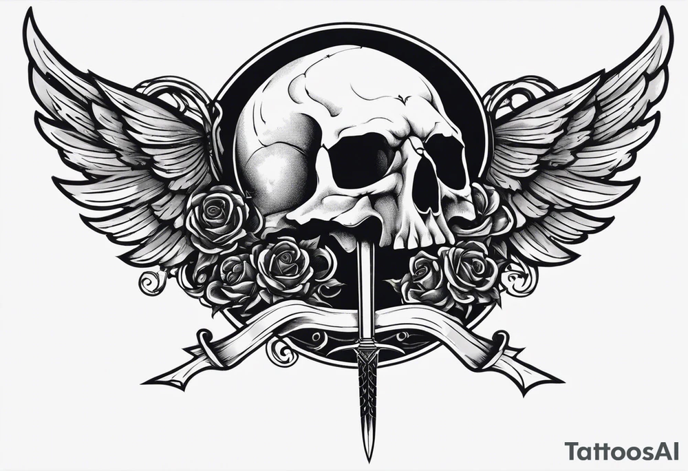 In the center is a half skull pierced by a large sword. On either side of the skull, there are spread angel wings, creating an impression of protection and majesty. Beneath the skull is a ribbon that weaves through both the skull and the sword tattoo idea