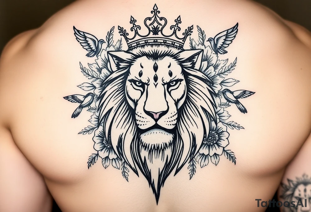 powerful majestic lion with a crown, surrounded by floral ornaments and birds tattoo idea