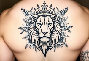 powerful majestic lion with a crown, surrounded by floral ornaments and birds tattoo idea