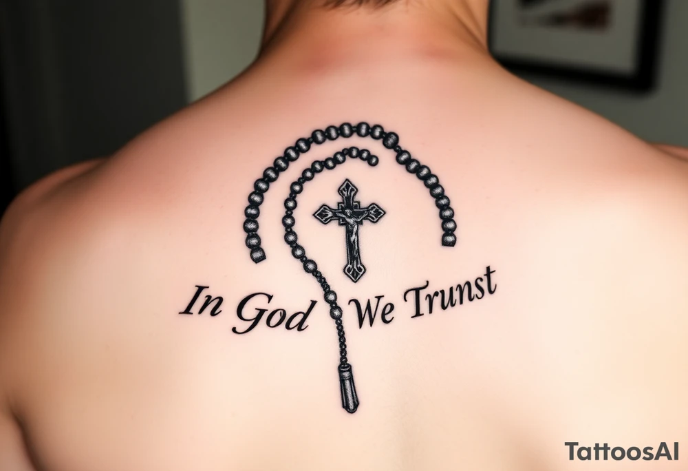 Rosary surrounded by the words "In God We Trust" tattoo idea