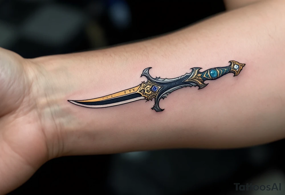 A ceremonial dagger with a serpent-shaped golden hilt, a dark jade blade etched with ancient runes, and a small sapphire embedded in the pommel, representing wisdom and hidden power. tattoo idea