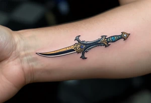 A ceremonial dagger with a serpent-shaped golden hilt, a dark jade blade etched with ancient runes, and a small sapphire embedded in the pommel, representing wisdom and hidden power. tattoo idea