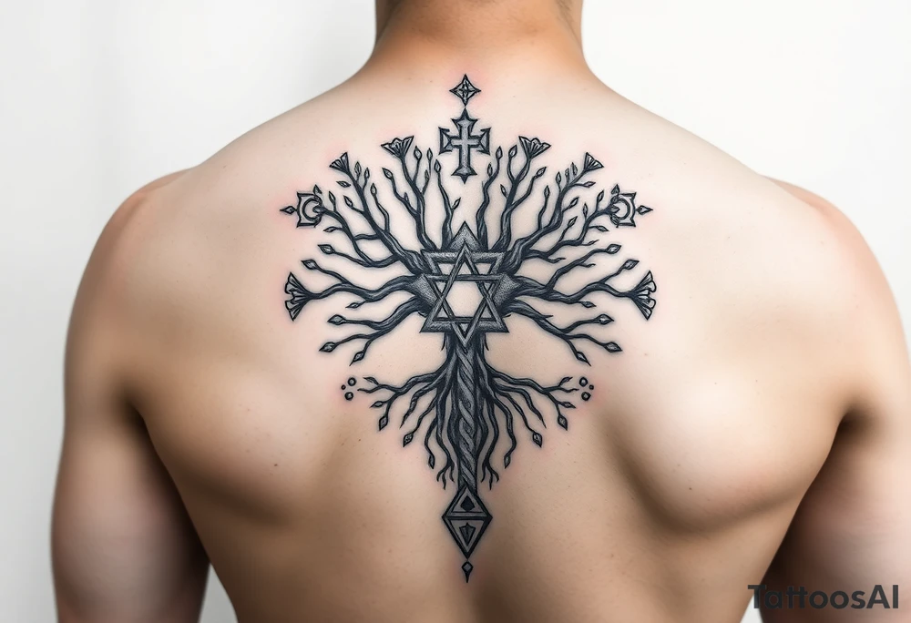 geometrical mystical tree of life with the star of David and cross cosmic roots and celestial runes and branches with HIV-positive symbol tattoo idea