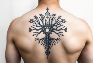 geometrical mystical tree of life with the star of David and cross cosmic roots and celestial runes and branches with HIV-positive symbol tattoo idea