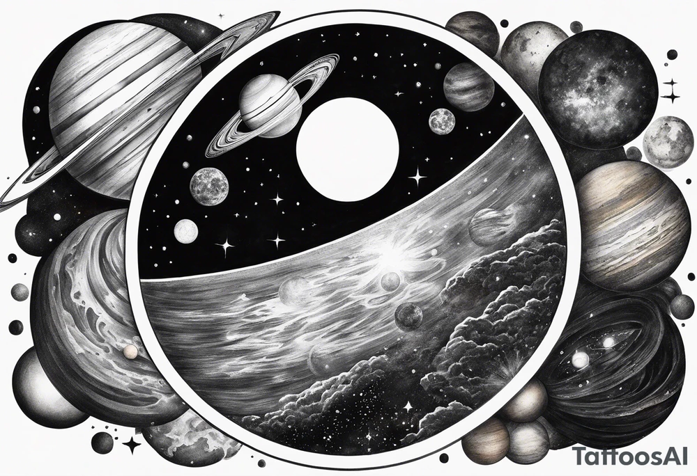 Half sleeve tattoo of planets orbiting a black hole. tattoo idea