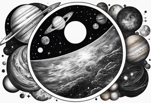 Half sleeve tattoo of planets orbiting a black hole. tattoo idea