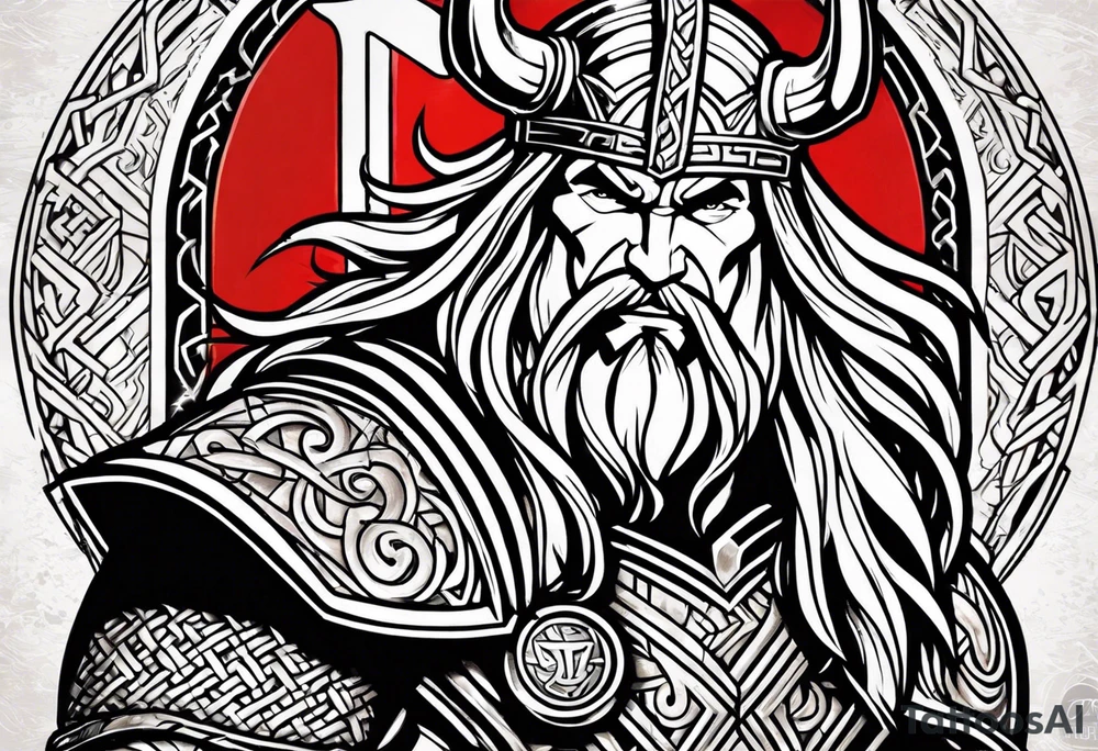 Thor with viking runes in the background as a vignette tattoo idea