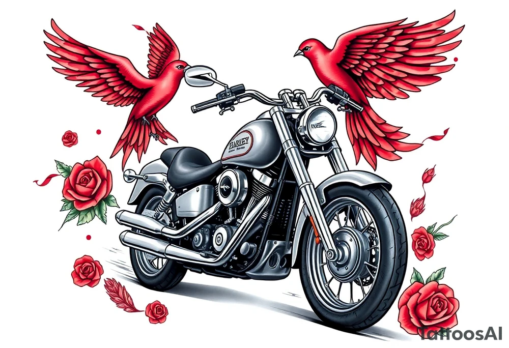 Harley grey motorcycle driving away, two red birds flying, roses, flames, angel wings tattoo idea