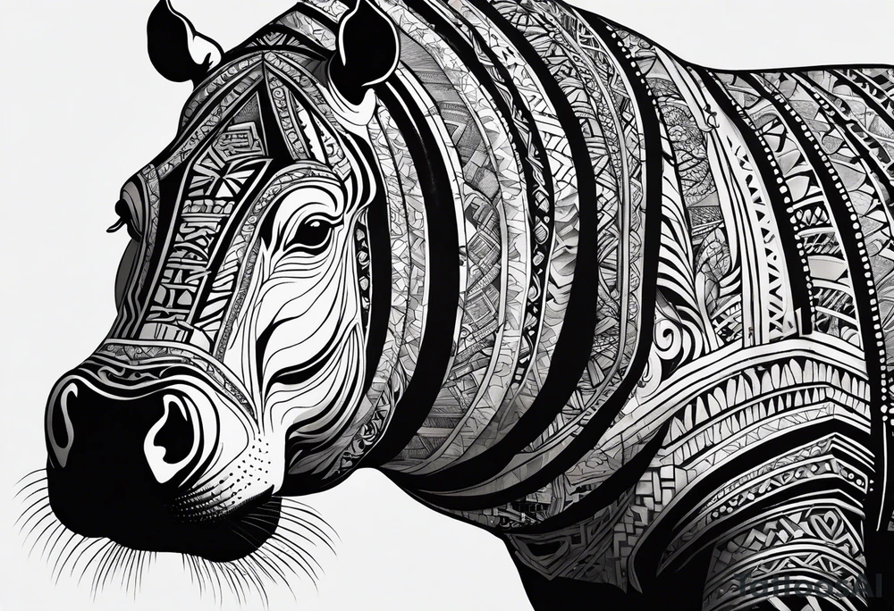 Asymmetrical, geometric, chinese ink art touch, hippo , full moon, tribal, orientation portrait tattoo idea