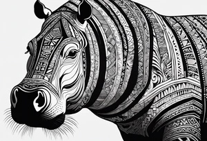 Asymmetrical, geometric, chinese ink art touch, hippo , full moon, tribal, orientation portrait tattoo idea