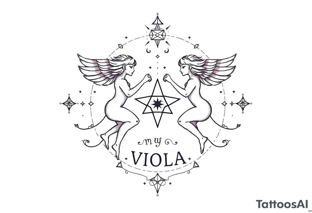 Gemini zodiac stars constellation with sacred geometry and cosmic elements with my name VIOLA In it tattoo idea