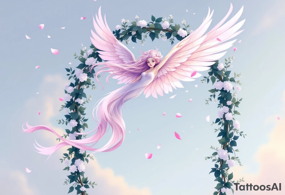 Skye flying gracefully above a wedding arch, her wings shimmering in soft pink and lavender hues, with delicate petals falling around her. The arch is adorned with ivy and small white flowers, symbolizing love and unity. tattoo idea