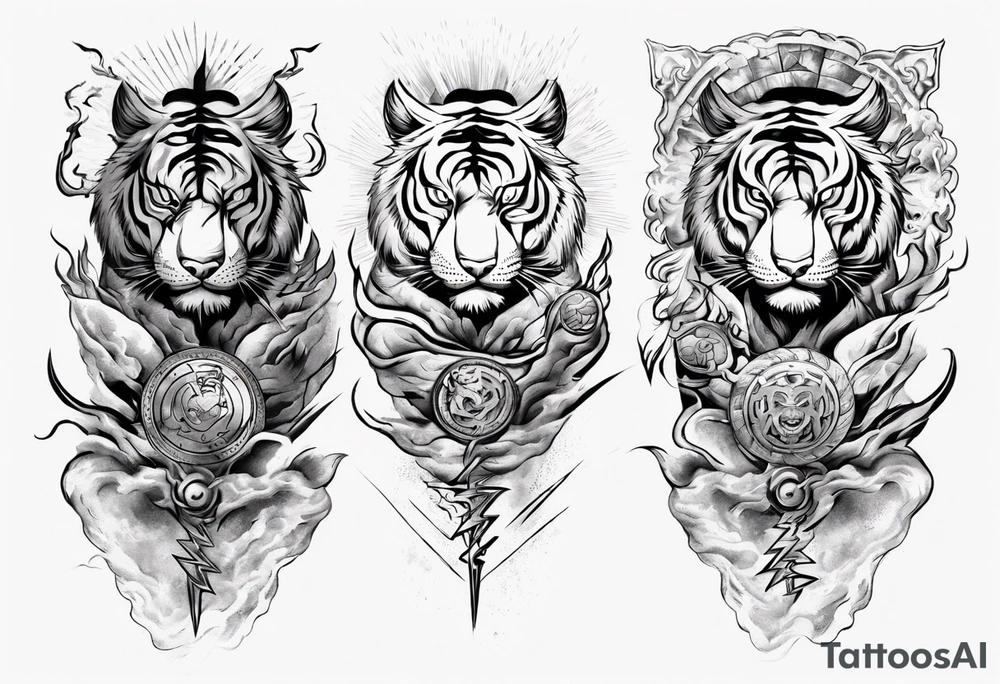 tiger warrior with lightning and the sun for a forearm sleeve tattoo idea