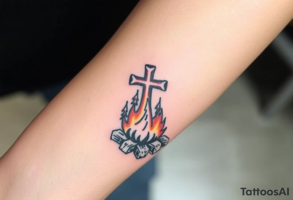 Campfire with cross include the great outdoors and night sky make sure cross doesn't look like it is on fire tattoo idea