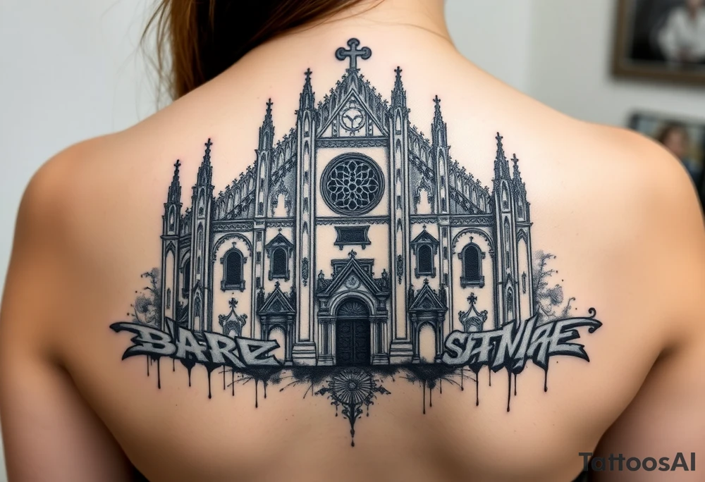 Milan Cathedral damaged and covered in graffiti, large tattoo tattoo idea