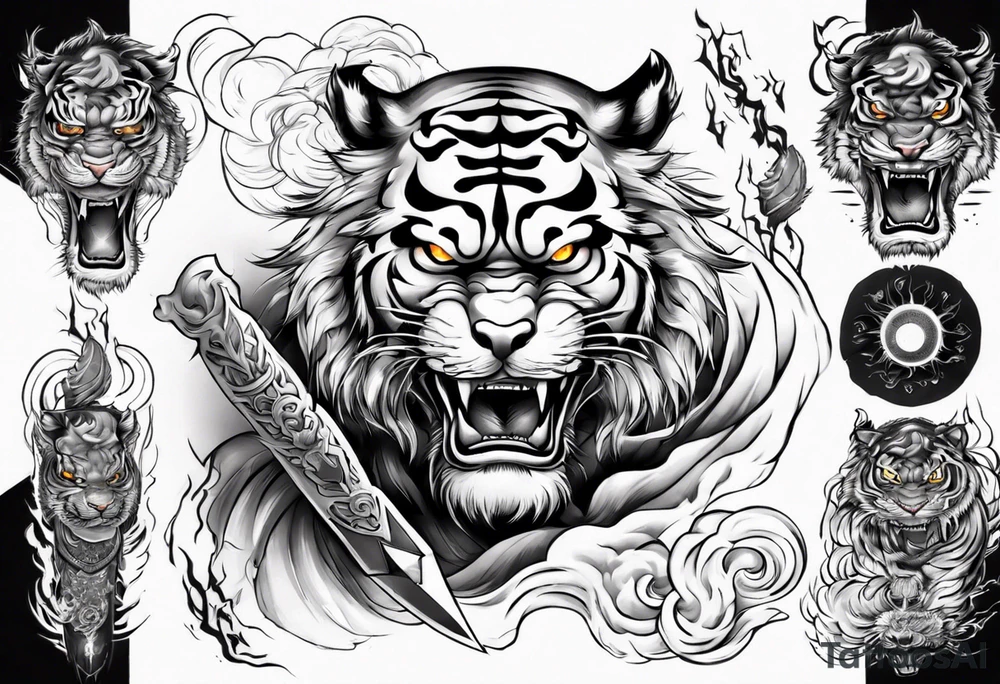 Tiger warrior with lightning and the sun for a forearm sleeve tattoo idea