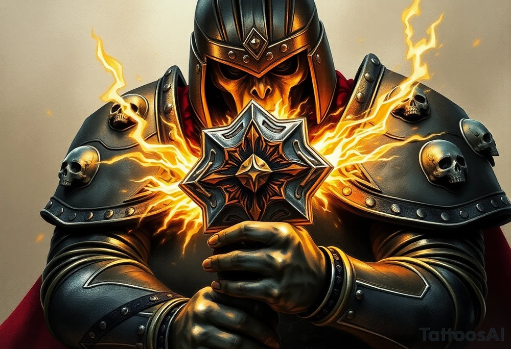 Warhammer, the Old World. A warrior priest of Sigmar holding The Warhammer of Sigmar. The Warhammer of Sigmar is radiating thunderous energy. The Warhammer is held by the warrior priest with both hands at the handle with a firm grip inorder to contain its unlimited energy, upon his chest level. The Warrior priest is wearing dark alloyed heavy armour (reference armor from warhammer vermintide 2 Victor Saltzpyres, the warrior priest of Sigmar class) with skull sigils on his shoulder pads. The warrior priest is wearing a helmet, while the helmets front visor has an humanoid face covering. The helmet and armour are gladened with hints of gold and crimson red. The Warhammer is silverish and golden with a long handle tattoo idea