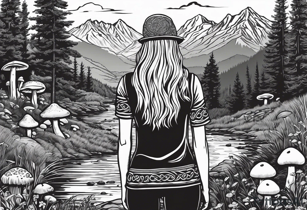 Whole picture encircled fully

Straight long blonde hair hippie girl in distance holding mushrooms in hand facing away toward mountains and creek surrounded by mushrooms long sleeve shirt and hiking pants; whole rendering within a full celtic circle border, no cut off circle tattoo idea