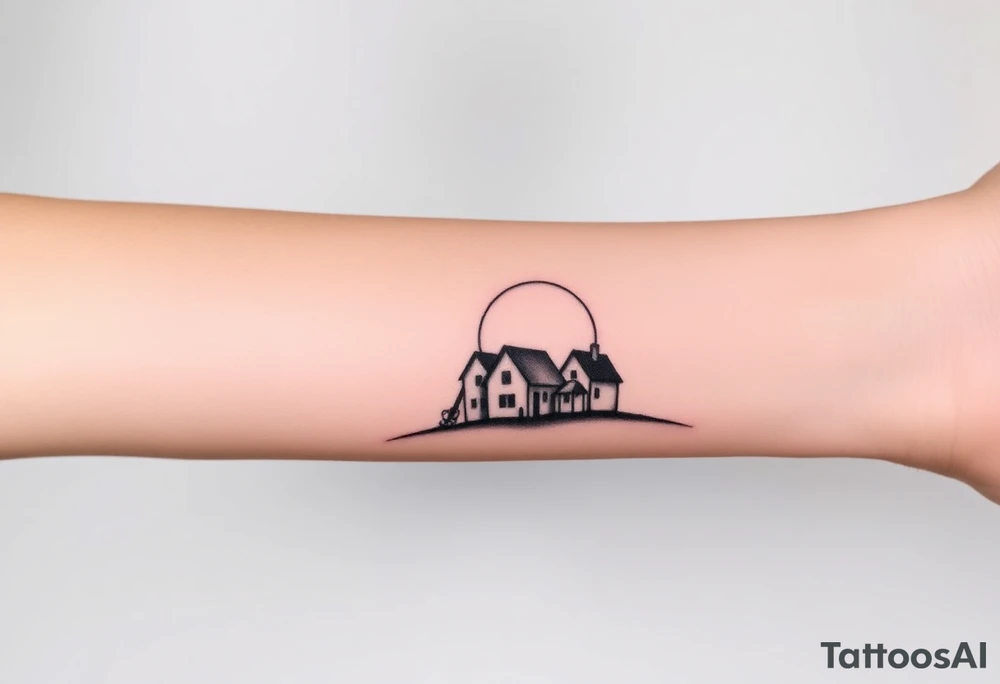 Corwded house distant sun with a guitar tattoo idea