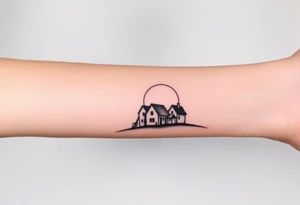 Corwded house distant sun with a guitar tattoo idea