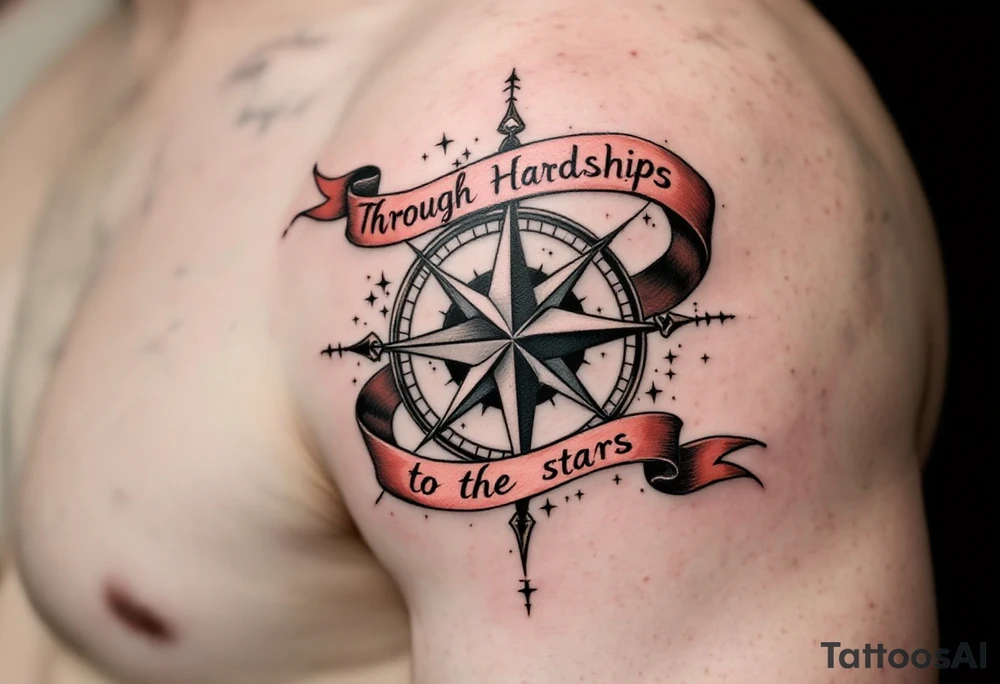 Wrapped in a crimson banner, the phrase “Through Hardships to the stars” winds around a black-inked compass rose. tattoo idea
