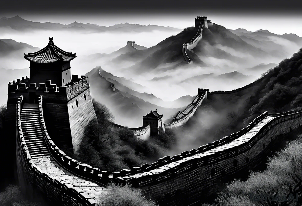 Great Chinese wall, realistic, art, gezeichnet, fine line, black and grey, foggy tattoo idea