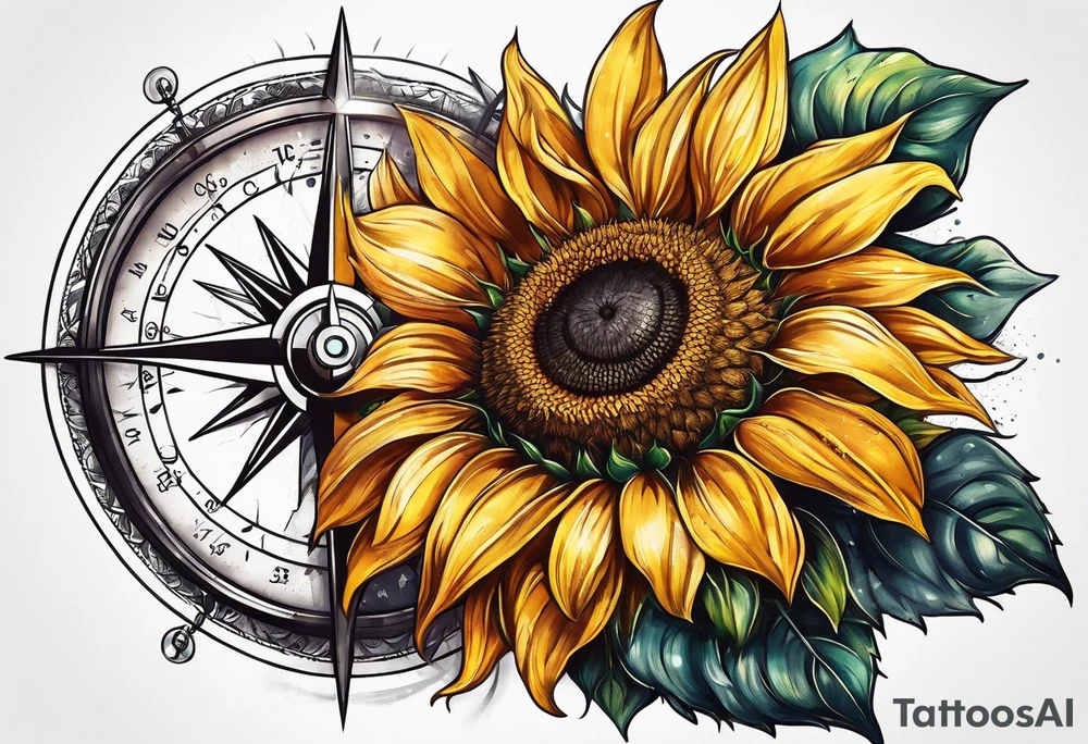 Sunflower next to a compass tattoo idea