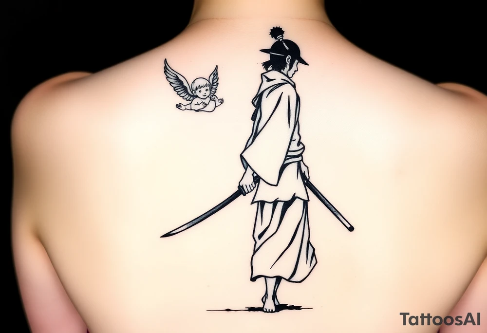 "Blackwork tattoo sketch of a lone samurai walking forward, shown in dramatic silhouette style. The samurai wears traditional kimono and hakama, holding a katana in one hand with the blade pointing downward. Behind him floats a small child angel with detailed feathered wings, gently touching the samurai’s back with one hand, as if stopping or guiding him. Strong contrast, dynamic ink splatter, rough brush strokes, Japanese sumi-e vibe, emotional and symbolic composition, high detail linework, no background." tattoo idea