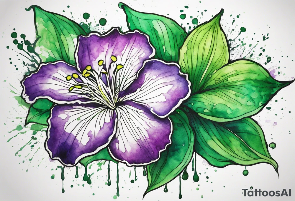 An outline of a green rio dipladenia flower and a green and purple watercolor splash in the background tattoo idea