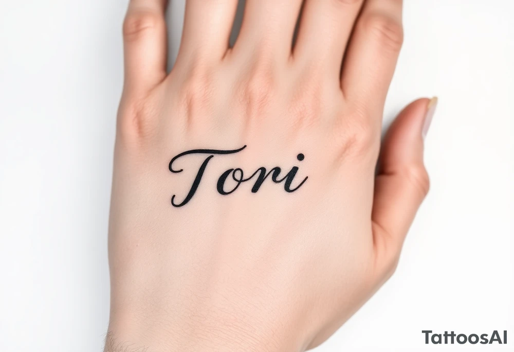 Hand tattoo with the name Tori on a man’s hand tattoo idea