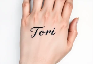 Hand tattoo with the name Tori on a man’s hand tattoo idea