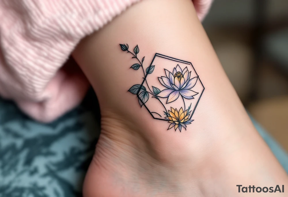 Leo, larkspur and water lily surrounded by a hexagon tattoo idea