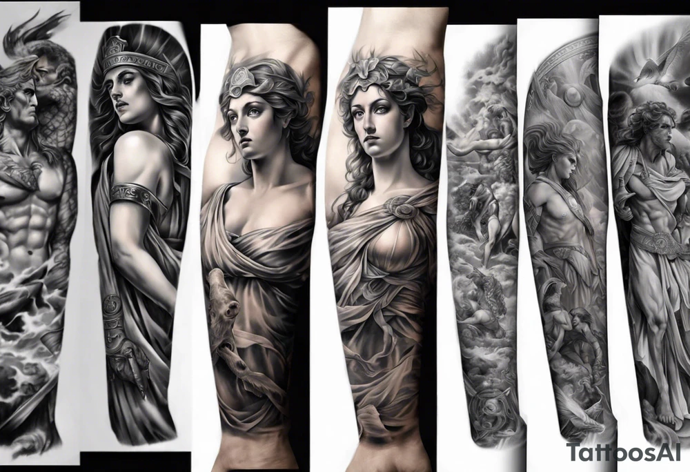 greek mythology
full arm sleeve
realistic pictures tattoo idea