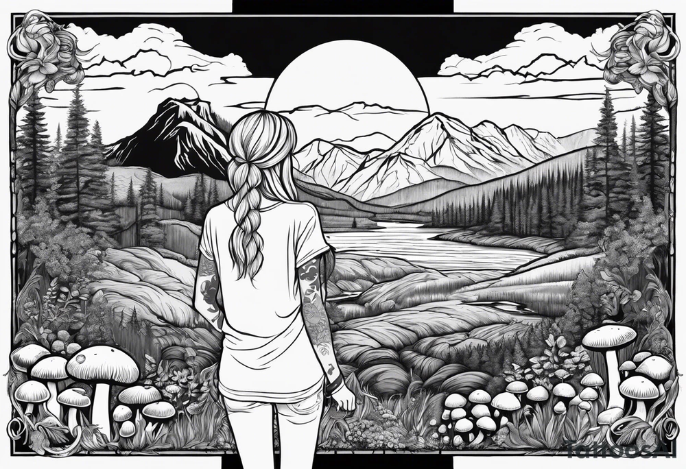 Whole picture encircled fully

Straight long blonde hair hippie girl in distance holding mushrooms in hand facing away toward mountains and creek surrounded by mushrooms long sleeve shirt and hiking pants; whole rendering within a full circle, no cut off circle tattoo idea