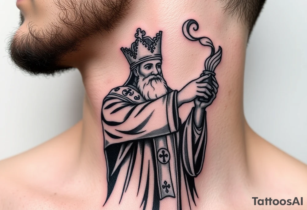 Russian Orthodox Priest in fully detailed vestment swinging a censer with smoke curling upward tattoo idea