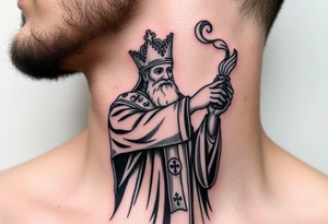 Russian Orthodox Priest in fully detailed vestment swinging a censer with smoke curling upward tattoo idea