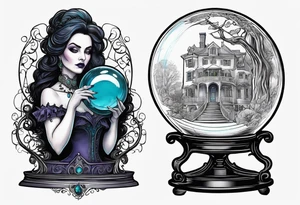 Madame leota haunted mansion in crystal ball on gothic stand with raven at side tattoo idea