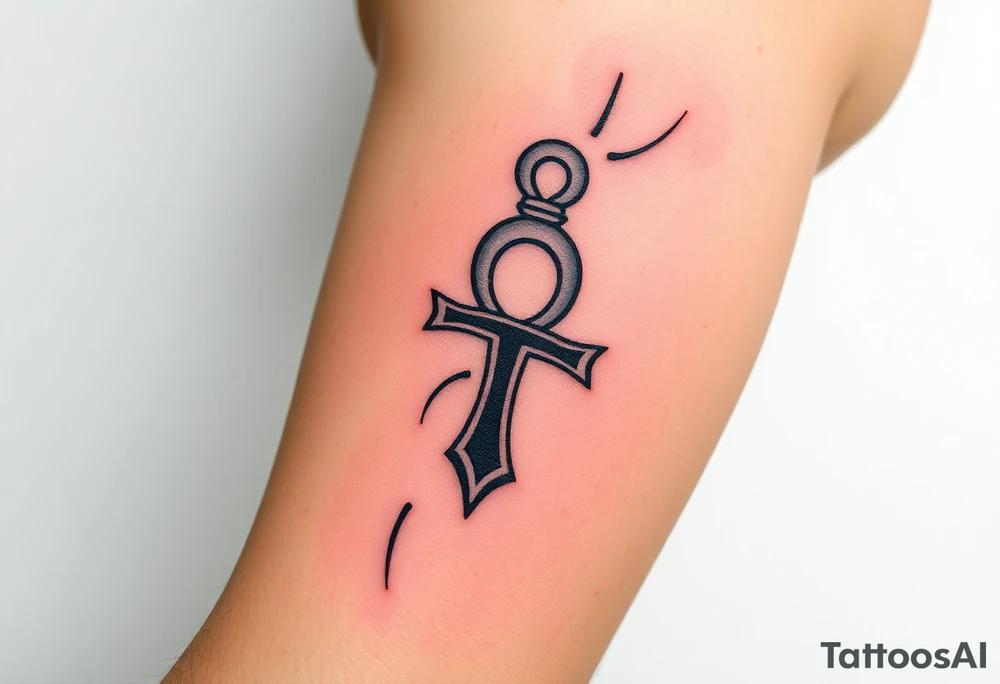 A Hand Holding an Ankh with a Name Written Inside(only red, blue and black are possible colors) tattoo idea