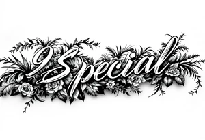 90s special font in cursive Dunning, with big jungle leaves, roses,palm trees, tattoo idea