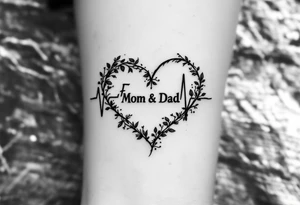 A delicate black and red heartbeat that transforms into the word “Family” with “Mom & Dad” nestled inside the curve. tattoo idea