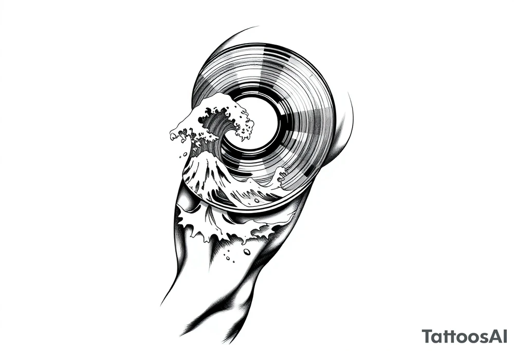 flat vinyl record with waves crashing on top of it tattoo idea