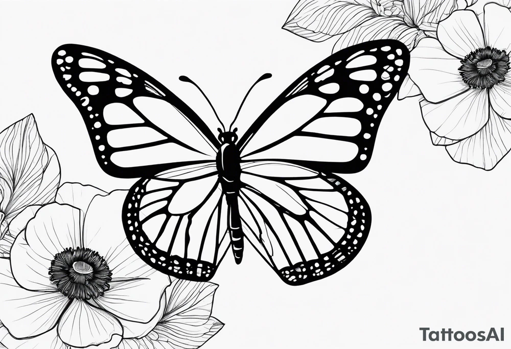 reate a black and white fine line tattoo of a monarch butterfly, ensuring that poppy flowers are only inside the top halves of the wings, clearly contained within the wing outlines, with a minimalistic style and intricate details, while the bottom halves of the wings are simple and unadorned tattoo idea