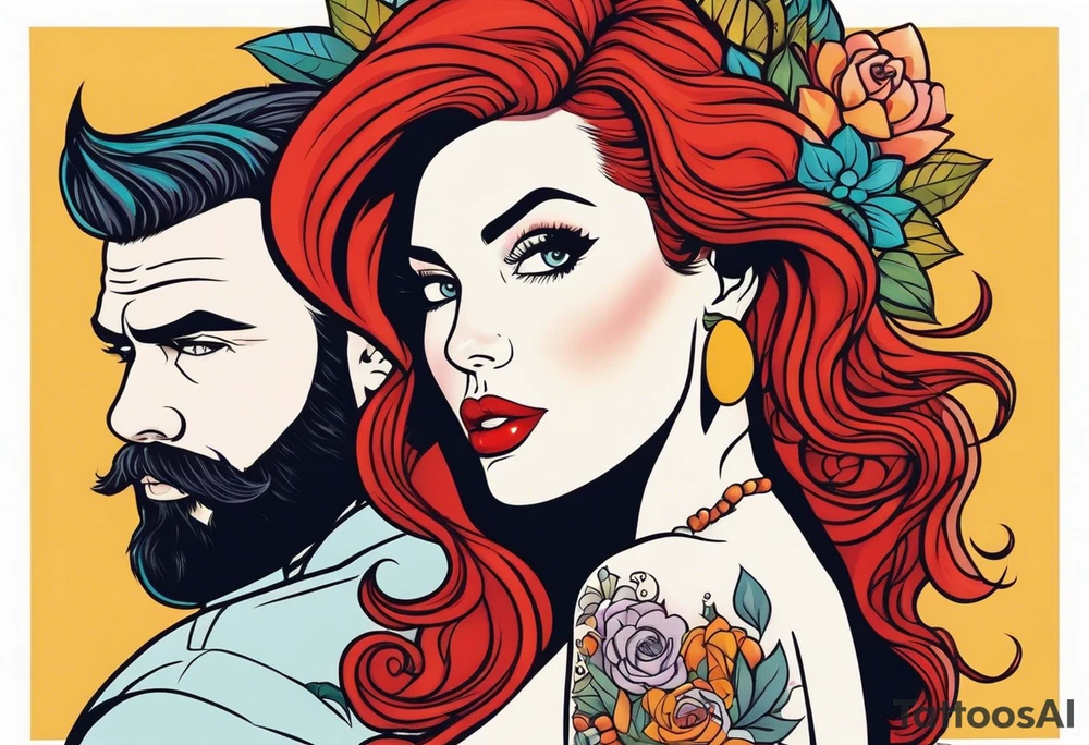 Busty red haired woman with a bearded man who has black hair tattoo idea