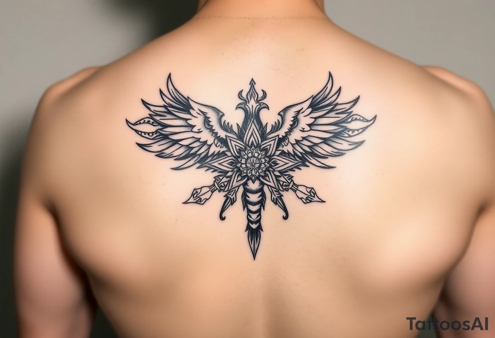 A stylized mandala incorporating elements of all three creatures. Scorpion tail forming the base, eagle wings creating symmetry, and phoenix feathers integrated as decorative patterns with flame textures. tattoo idea
