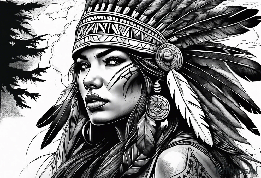 Powerful storm raging through forest. Alpha wolf snaraling. Beautiful native American women in head dress tattoo idea