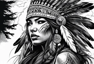 Powerful storm raging through forest. Alpha wolf snaraling. Beautiful native American women in head dress tattoo idea