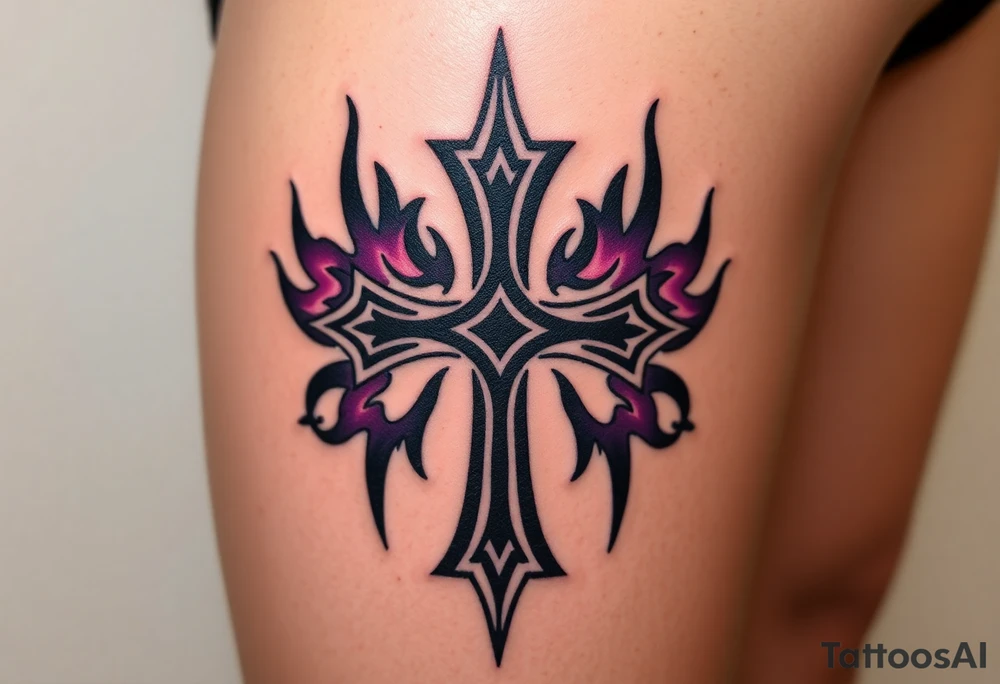 A black inverted cross engulfed in dark purple flames, tattoo idea